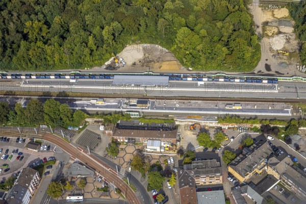 Aerial view, railway station Hbf with new platform and station forecourt, construction site