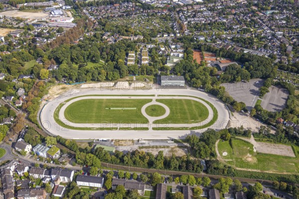 Aerial view, former trotting track Dinslaken with demolition works and construction site for a new