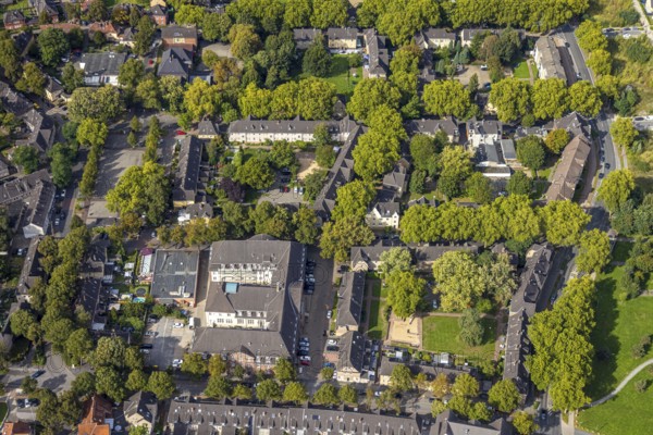 Aerial view, multi-family house, housing estate Steigerstraße corner Stollenstraße with green trees