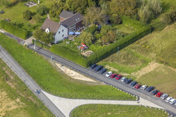 Aerial view, Hof Emschermündung Cafe and Gastronomy, car park street Am Hagelkreuz am Fluss Emcher,