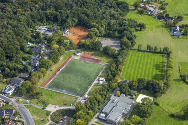Aerial view, Golddorfarena Sportpark Hünxe, football stadium STV Hünxe sports field and indoor