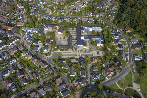 Aerial view, Comprehensive school Hünxe and Karl-Vogels-Schule primary school with solar roof,