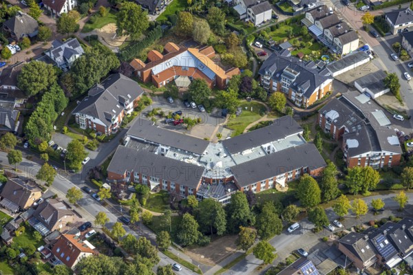 Aerial view, Hewag Seniorenstift GmbH Pflegeheim und evang. Kindergarten Kita, Hünxe, Ruhr area,