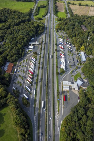 Aerial view, service area Hünxe-Ost and Hünxe-West, petrol station and rest area with truck parking