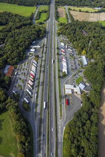 Aerial view, service area Hünxe-Ost and Hünxe-West, petrol station and rest area with truck parking