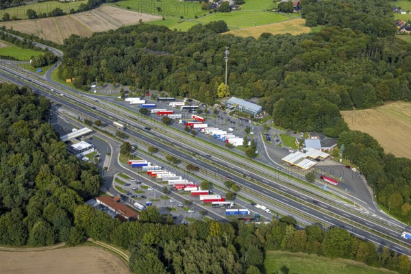 Aerial view, service area Hünxe-Ost and Hünxe-West, petrol station and rest area with truck parking