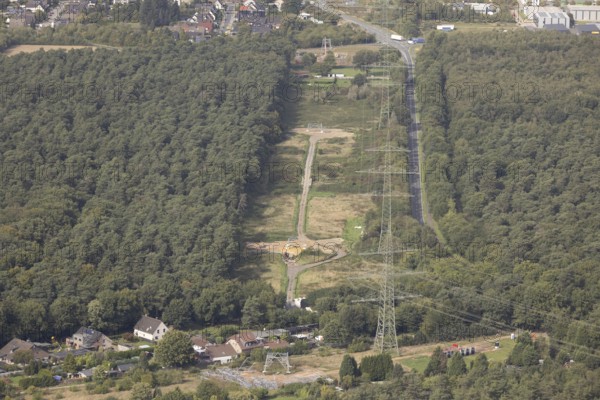 Aerial photo, work on the transmission grid, extra-high-voltage power line, power pylon extension