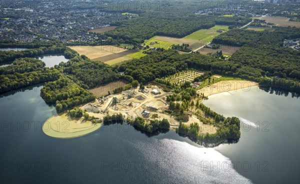 Aerial view, gravel pit Hünxe at Tenderingssee and lido, Bruckhausen, Hünxe, Ruhr area, North