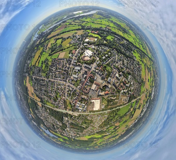 Aerial view, city centre view with town hall and town hall square, Voerde school centre, earth