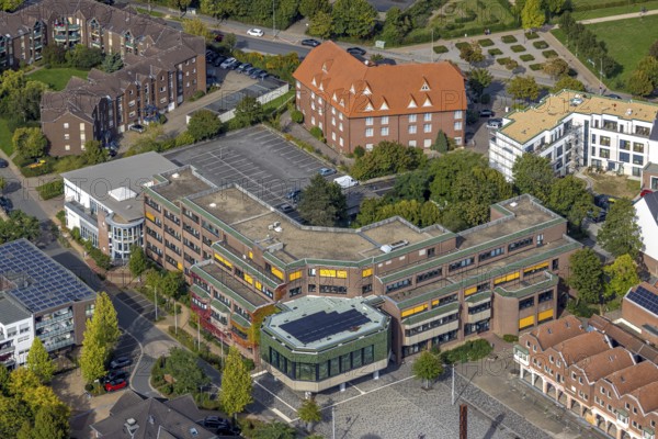 Aerial view, Voerde town hall and town hall square, Voerde, Ruhr area, North Rhine-Westphalia,