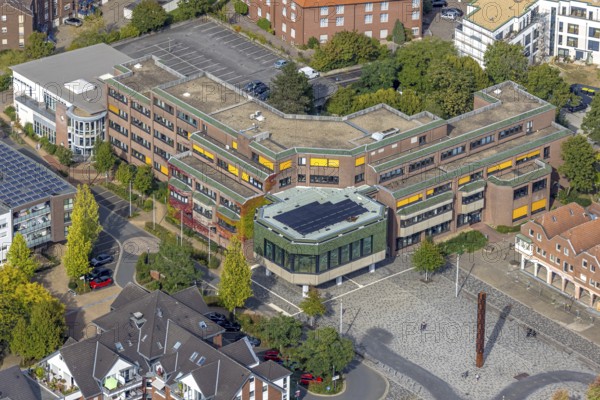 Aerial view, Voerde town hall and town hall square, Voerde, Ruhr area, North Rhine-Westphalia,