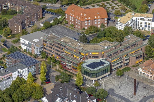Aerial view, Voerde town hall and town hall square, Voerde, Ruhr area, North Rhine-Westphalia,