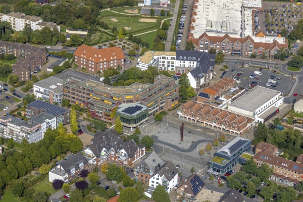 Aerial view, Voerde town hall and town hall square, Voerde, Ruhr area, North Rhine-Westphalia,