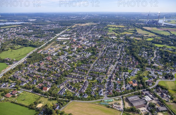 Aerial view, residential area, local view Voerde, extension of the Betuweroute and Betuwe-Line
