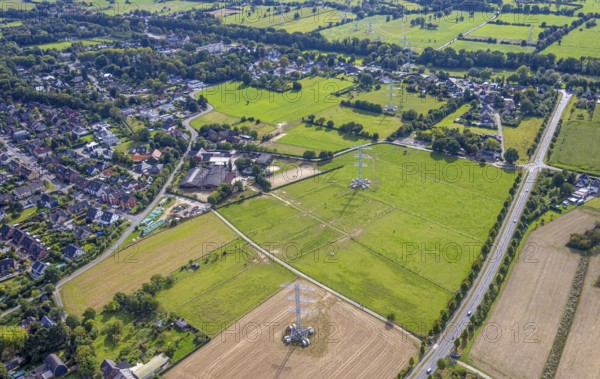 Aerial view, power line project with power pole construction for power line at Hammweg, Voerde,