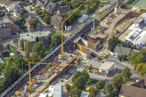 Aerial view, Poststrasse with bridge construction and railway line with S-Bahn, extension of the