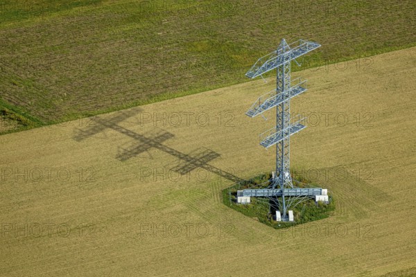 Aerial view, power line project with power pole construction for power line at Hammweg, power pole