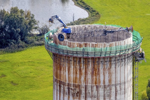 Aerial view, construction site with dismantling work on a tower of the Voerde power plant, Möllen,