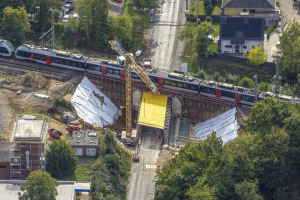 Aerial view, S-Bahn and railway line across Spellener Straße, bridge construction and extension of