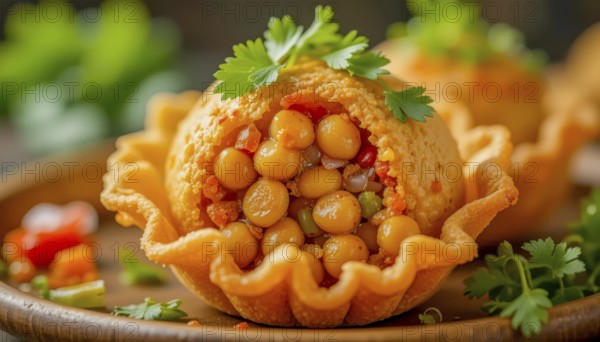 A vibrant image showcases a close-up of a crispy puri filled with chickpeas and vegetables, a