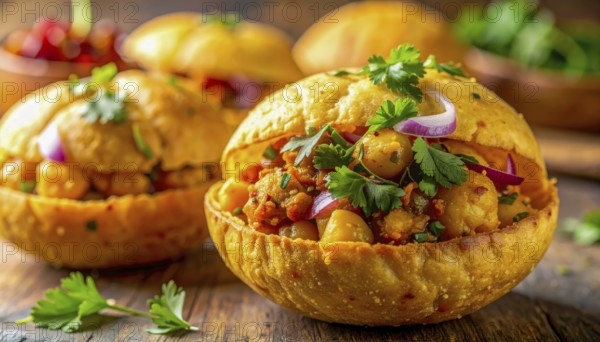 Close-up shot of Aloo Tikki Chaat, a popular Indian street food, served in a crispy bread bowl,