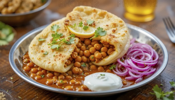 A vibrant image of Chole Bhature, a popular Indian dish, featuring fluffy bhature bread filled with