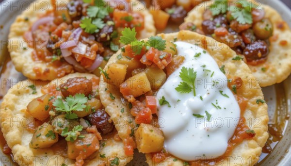 Close-up shot of Aloo Tikki Chaat, a popular Indian street food, topped with yogurt and fresh