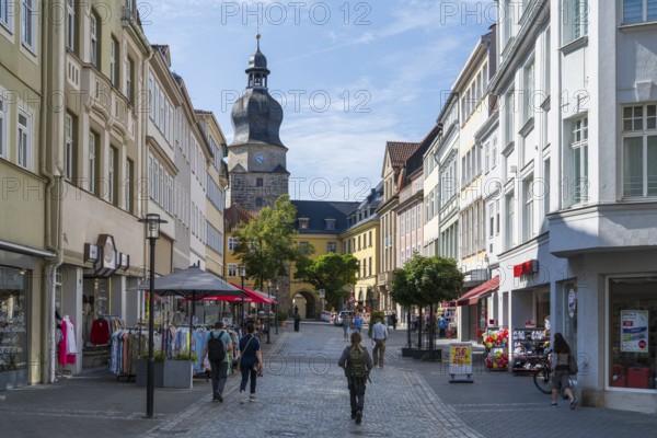 Pedestrian zone, stony path, Spitaltor, historic town gate, Coburg, Upper Franconia, Franconia,