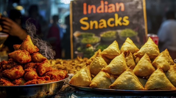 A vibrant image showcasing a street food stall in India, featuring a variety of delicious snacks,