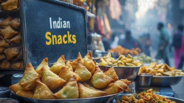 A vibrant shot of various Indian snacks, including samosas, displayed at a bustling street food