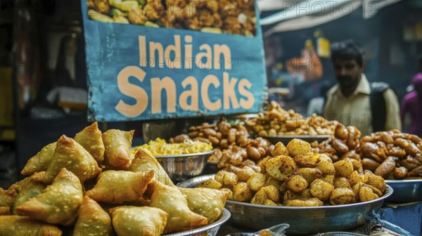 A vibrant street food stall showcases an array of delicious Indian snacks, including samosas and