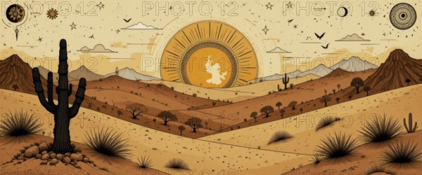 An artistic illustration depicts a desert landscape at sunset, featuring cacti, mountains, and