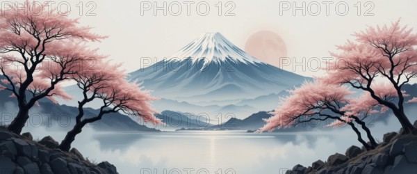 A serene view of Mount Fuji framed by cherry blossom trees, reflected in a tranquil lake, with a