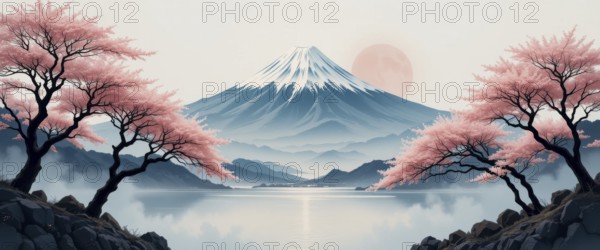 A stunning landscape painting captures Mount Fuji, framed by blooming cherry blossom trees,