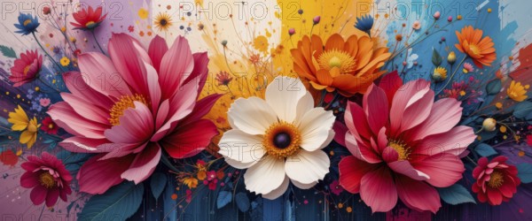 A stunning display of various flowers in full bloom, set against a backdrop of vivid colors,