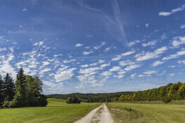 Pristine landscape in the Swabian Alb biosphere reserve with blue skies and small clouds. The