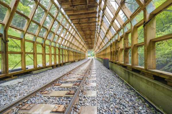 An open tunnel with a view of a green environment and an illuminated interior, construction of the