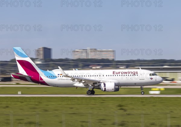 Stuttgart Airport with aircraft on landing. Aircraft registration: D-AEWK, Eurowings, Airbus