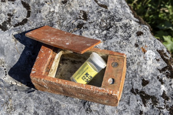 Geocaching, very obvious hiding place in the area of the Swabian Alb Biosphere Centre. The GPS