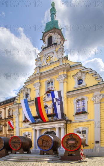 Historic town hall with beer barrels on the market square in the old town, beer town Kulmbach,