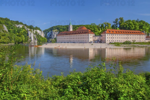 Danube bank with view of Weltenburg monastery in front of the Danube breakthrough, Kelheim, Danube