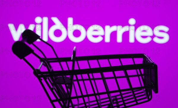 Dhaka, Bangladesh- 03 July 2025: Silhouette of a shopping cart in front of the Wildberries logo,