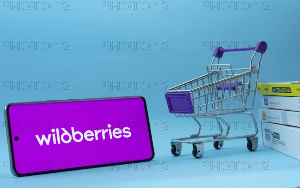 Dhaka, Bangladesh- 03 July 2025: Smartphone with Wildberries logo next to a small shopping cart and