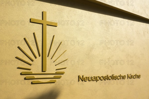New Apostolic Church, facade with logo and lettering, Coburg, Upper Franconia, Franconia, Bavaria,