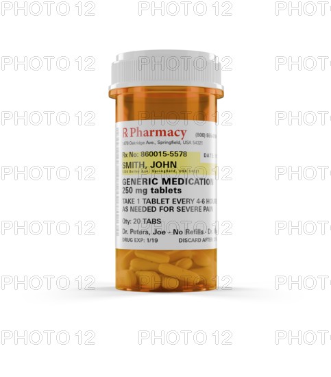 Generic medication prescription medicine bottle and pills isolated on a white background. the label
