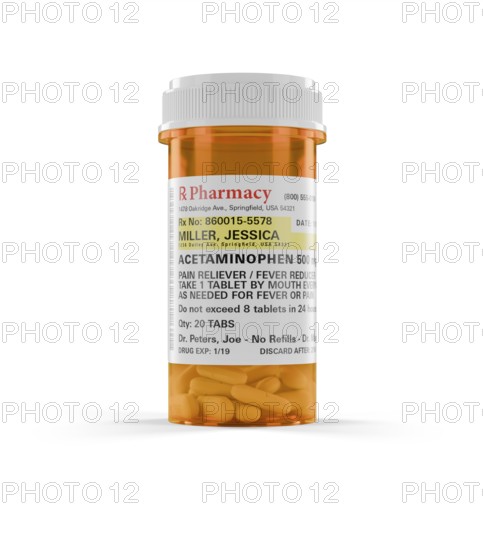 Acetaminophen prescription medicine bottle and pills isolated on a white background. the label is