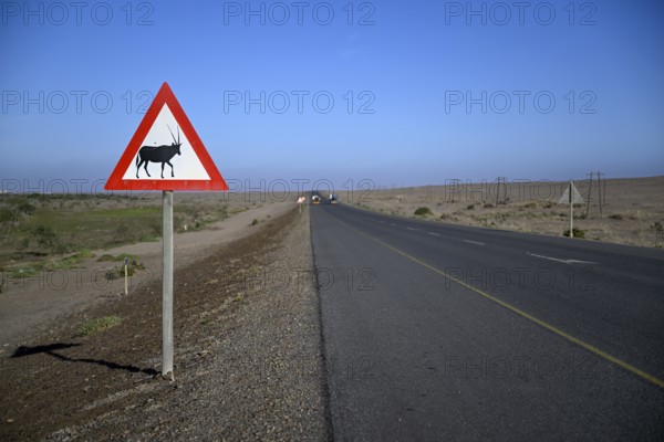 Beware of oryx antelopes (Oryx gazella) sign on a road near Oranjemund, Diamond Sperrgebiet, Karas