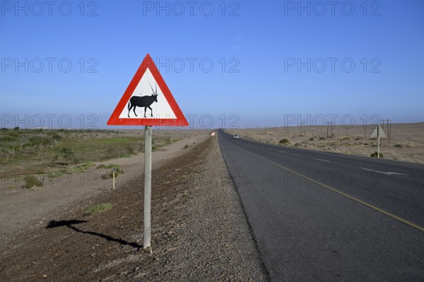 Beware of oryx antelopes (Oryx gazella) sign on a road near Oranjemund, Diamond Sperrgebiet, Karas
