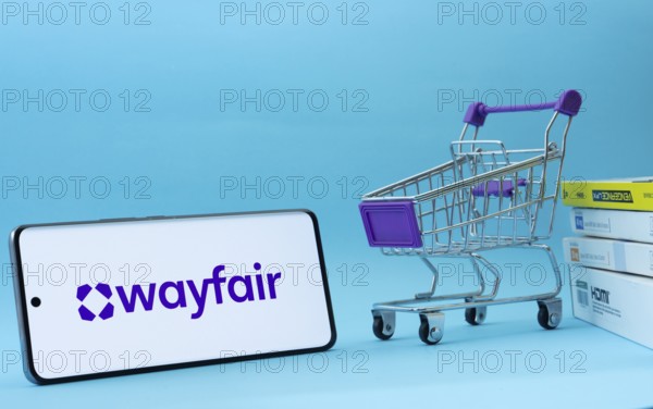Dhaka, Bangladesh- 03 July 2025: Smartphone with Wayfair logo next to a small shopping cart and