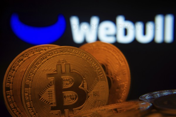 Dhaka, Bangladesh- 03 Sep 2025: Close-up of Bitcoin coins with the webull logo visible on a screen